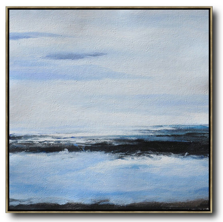 Oversized Abstract Landscape Painting,Hand-Painted Contemporary Art,White,Blue,Black